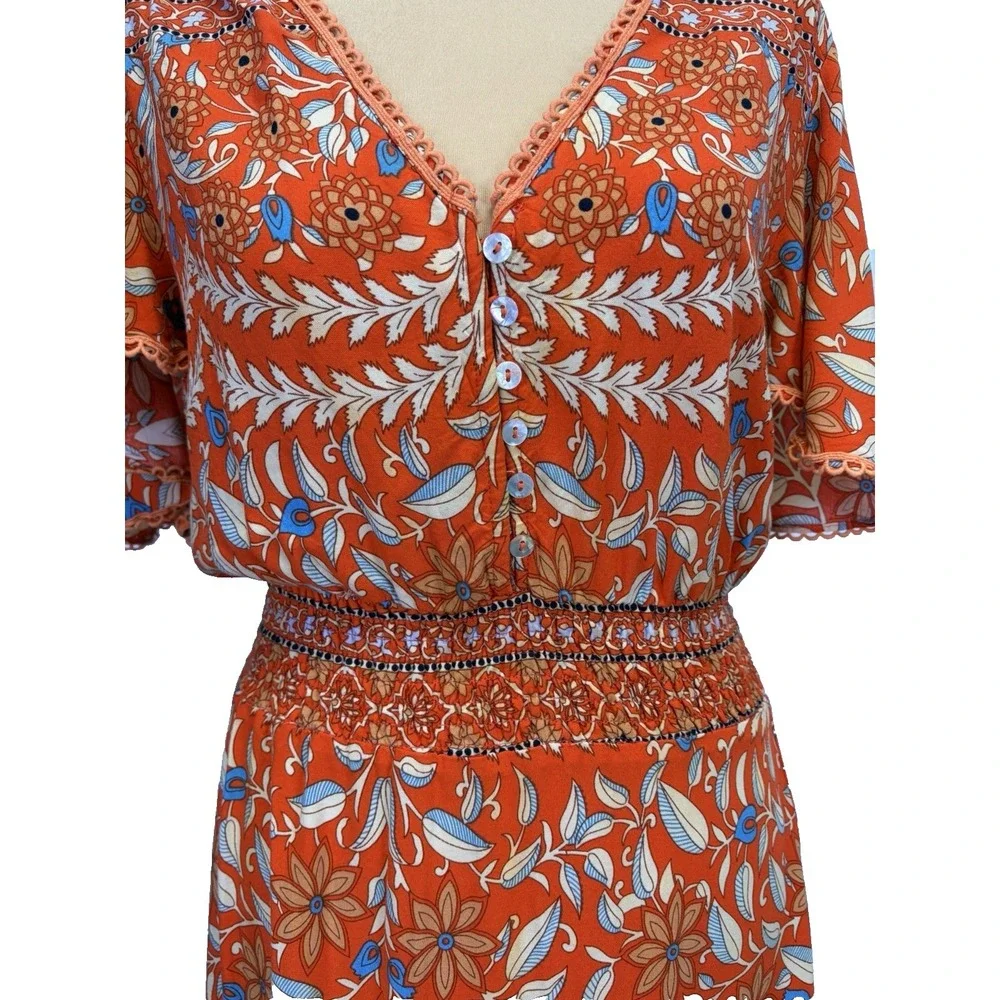 Petal & Pup Woman's Dress Size M Orange Floral Boho Bohemian Cottagecore Smocked
